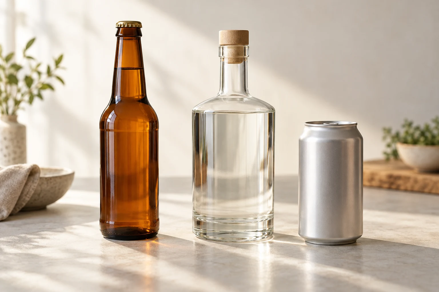 無地の酒類用瓶と缶