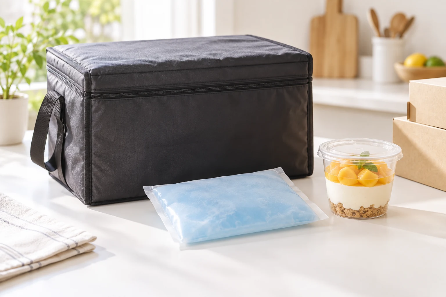 保冷用の箱とカップ入り食品